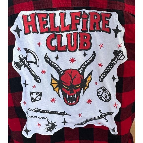 Hellfire Club Plaid Flannel Shirt LARGE Oversized Upcycle Unique Stranger Things - Picture 2 of 6